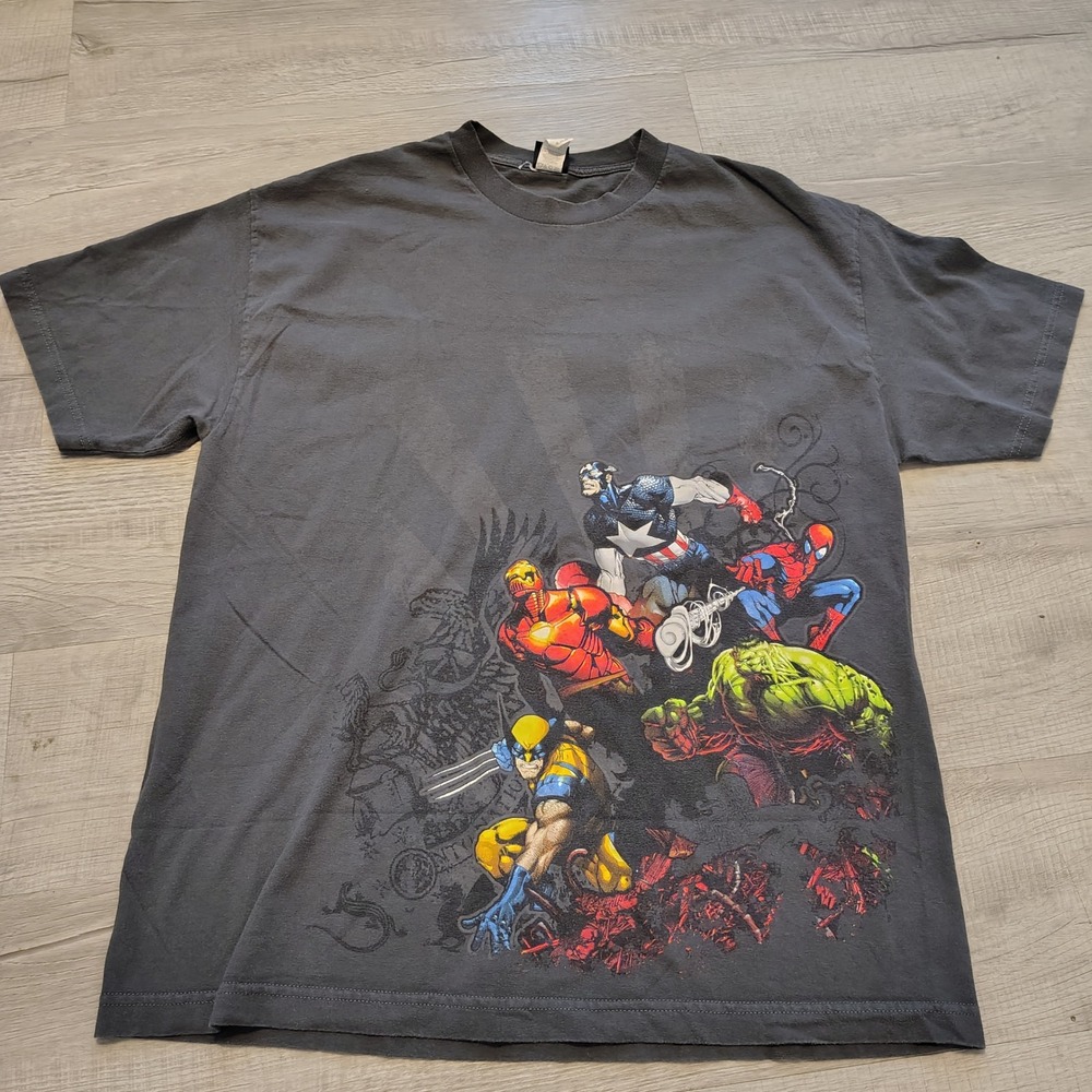 Vtg Marvel Mad Engine Avengers‎ X-Men Graphic T-Shirt Mens XL Charcoal Grey y2k
